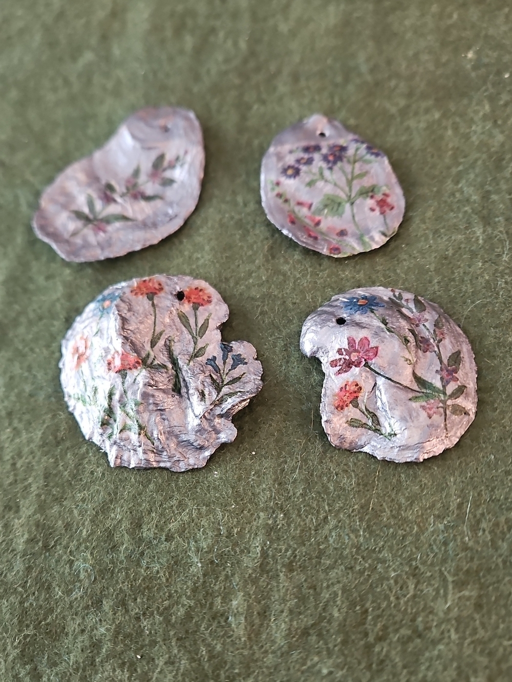 Hand Painted Silver &  Decopaged Floral Design Oyster Shell Ornaments. Set Of 4.